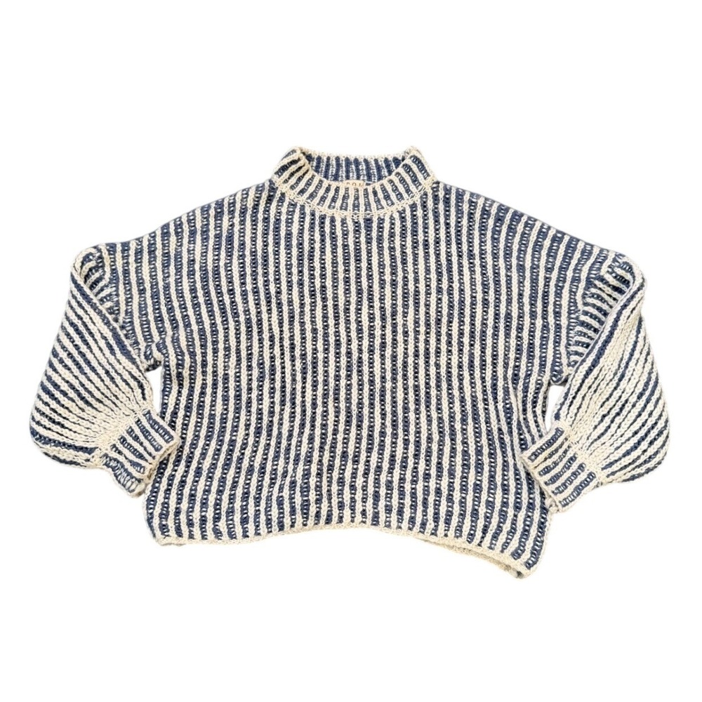 POL Clothing Blue Cream Striped Wool Blend Chunky Knit Mock Neck Sweater SMST81